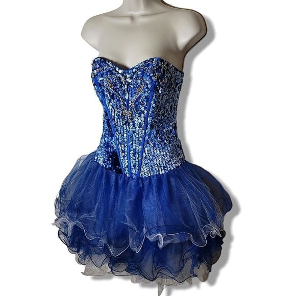 Samila Blue Sequin Embroidered Sweetheart Corseted Layered Tull Homecoming Dress - Picture 2 of 10
